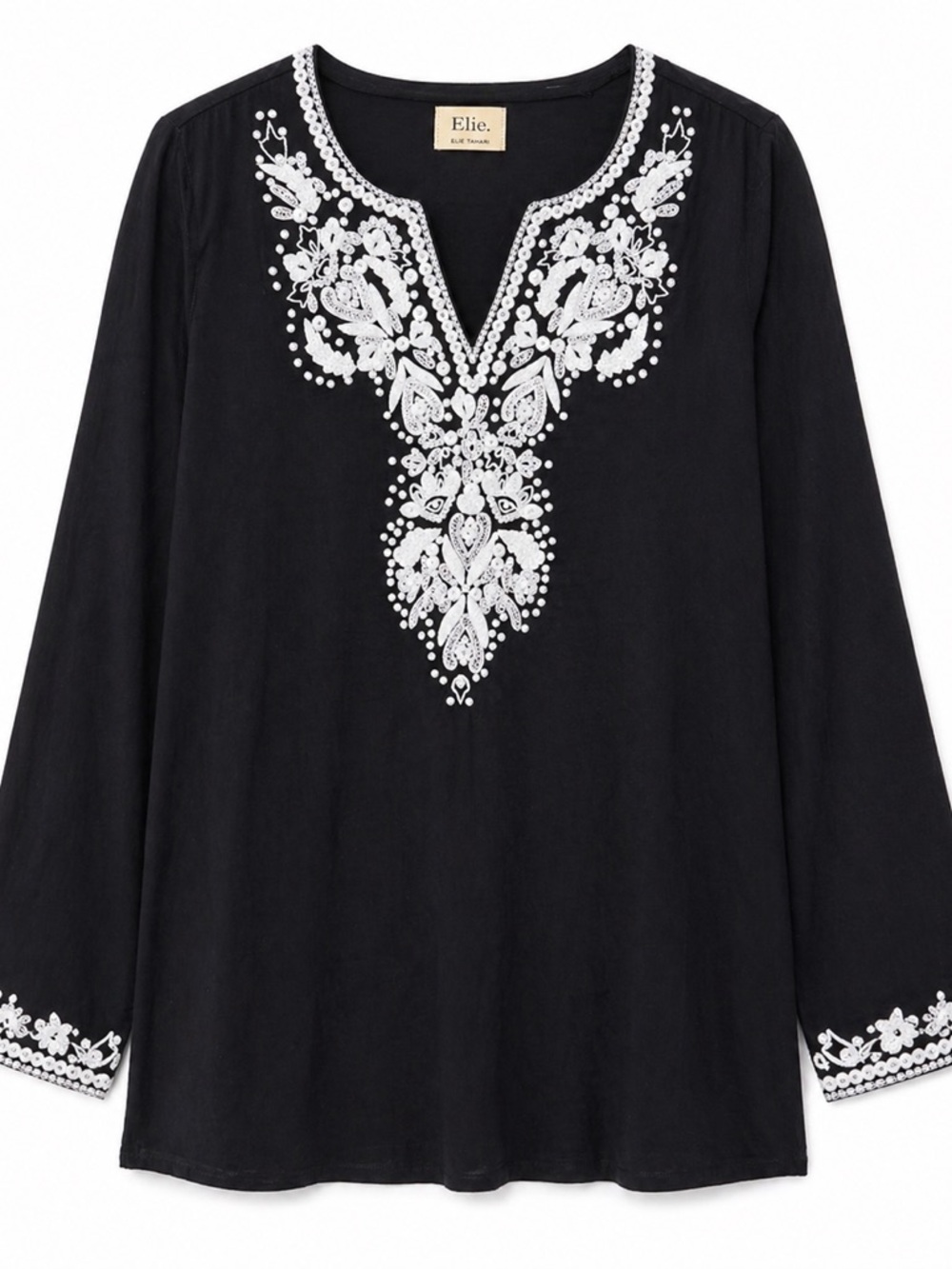Elie Tahari Black Tunic Top with White Embroidered Yoke